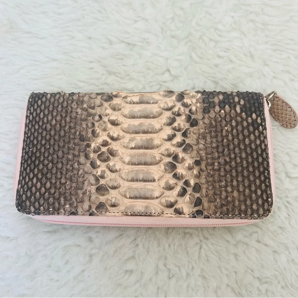 Genuine Python Snake Skin Leather Pink/ Black/Gray Zip Around Long Wallet